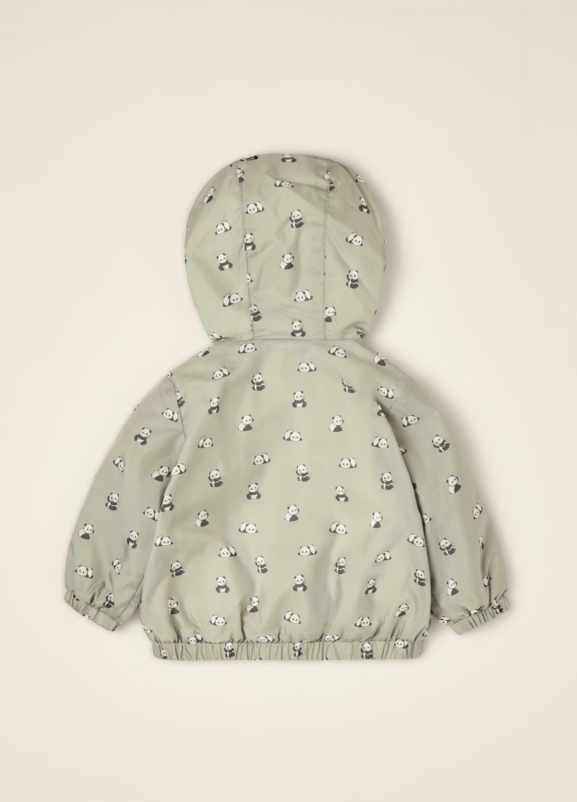 Green padded jacket with hood and panda print
