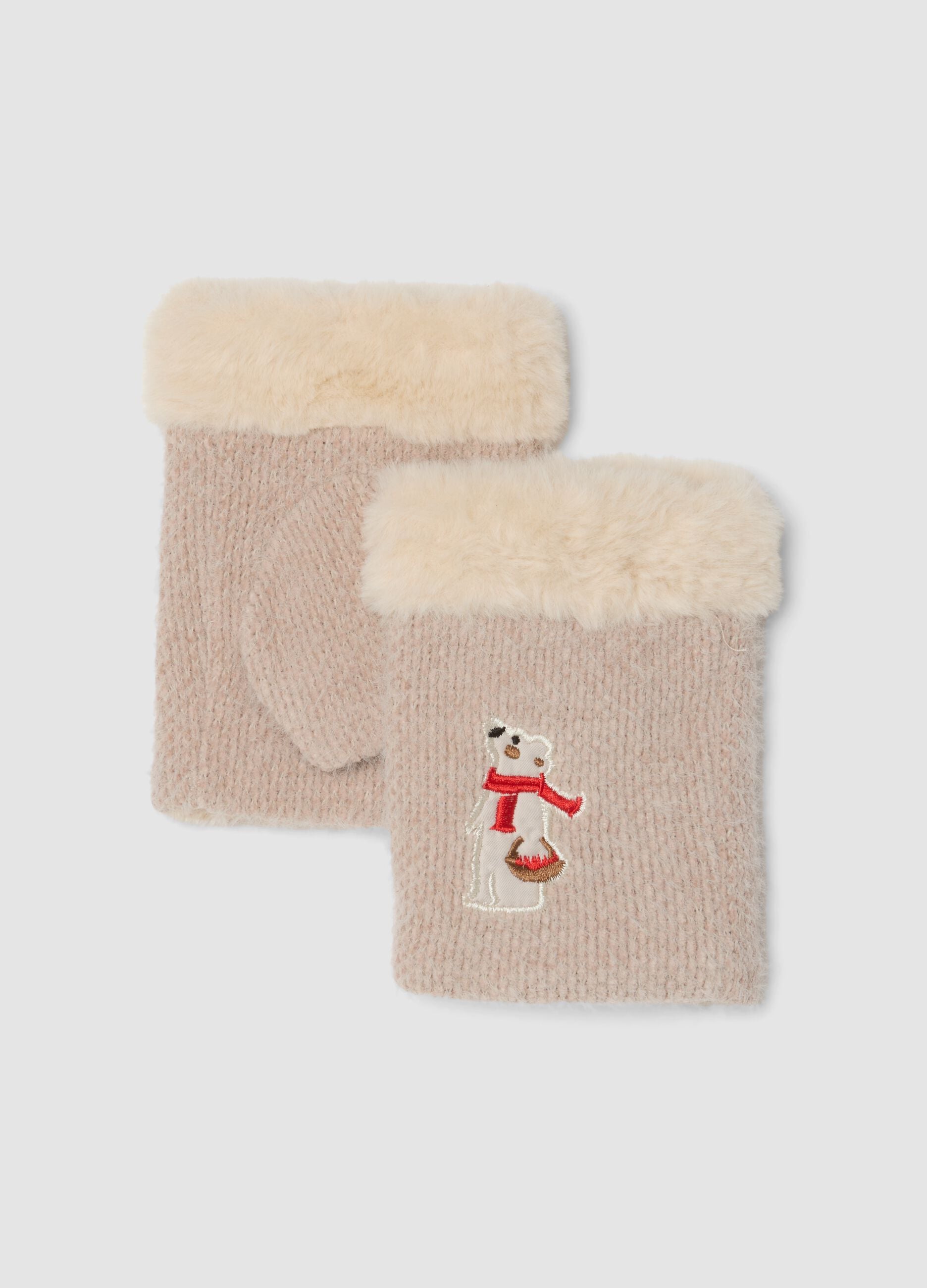 Beige knitted gloves with teddy-effect cuff and embroidery