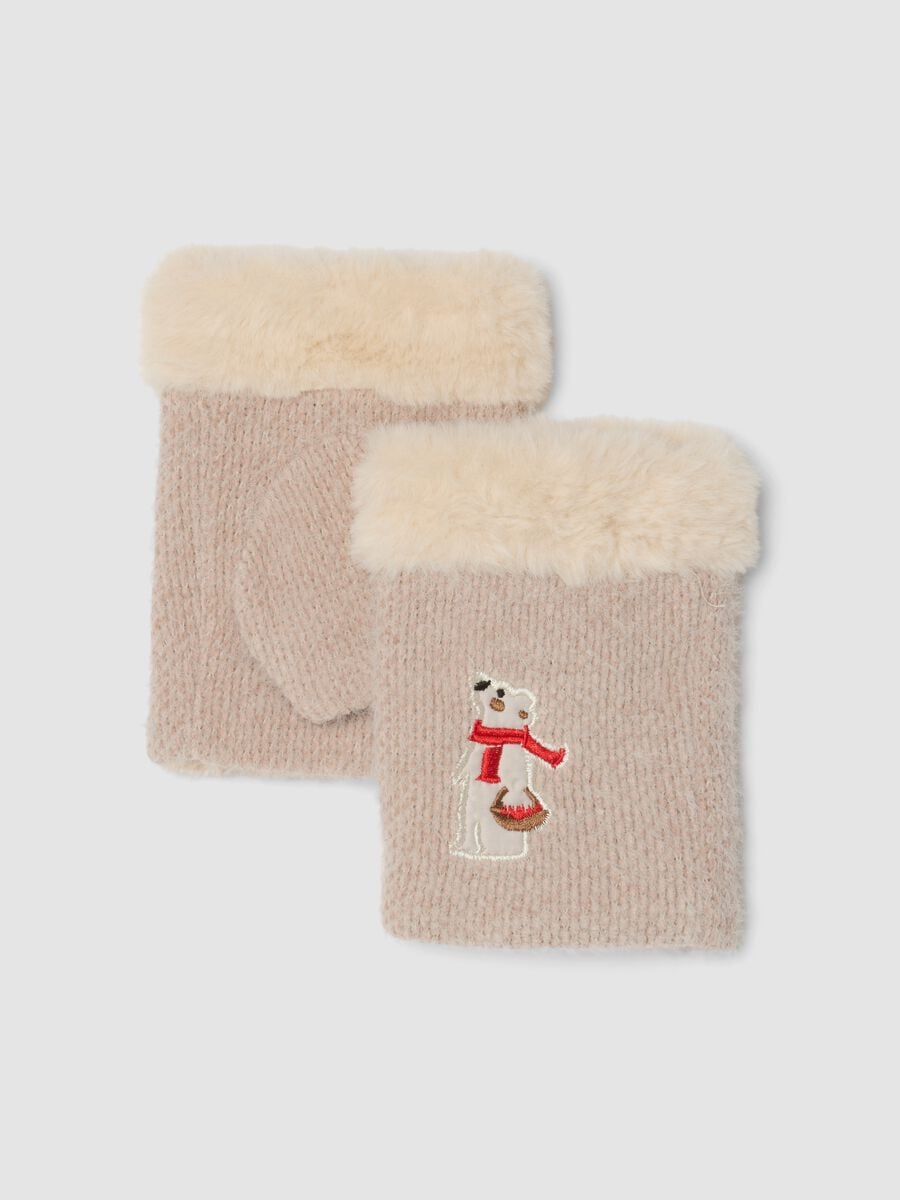 Beige knitted gloves with teddy-effect cuff and embroidery_0