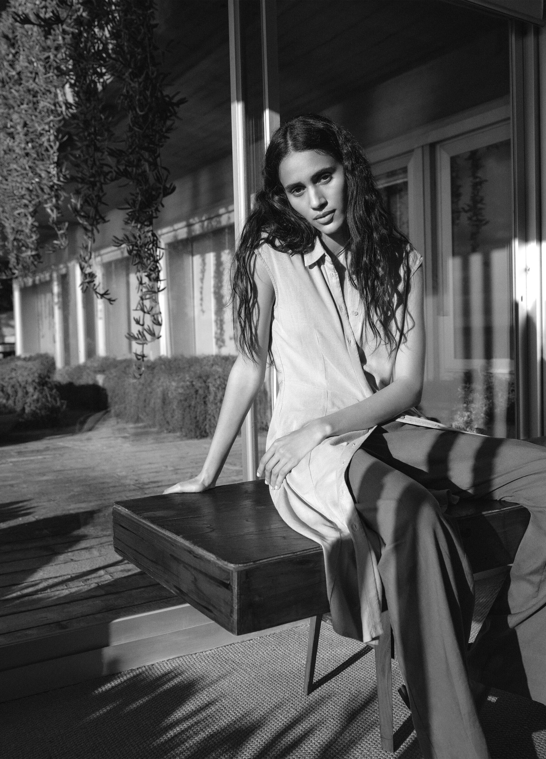 Beige viscose and linen-blend shirt dress, regular fit