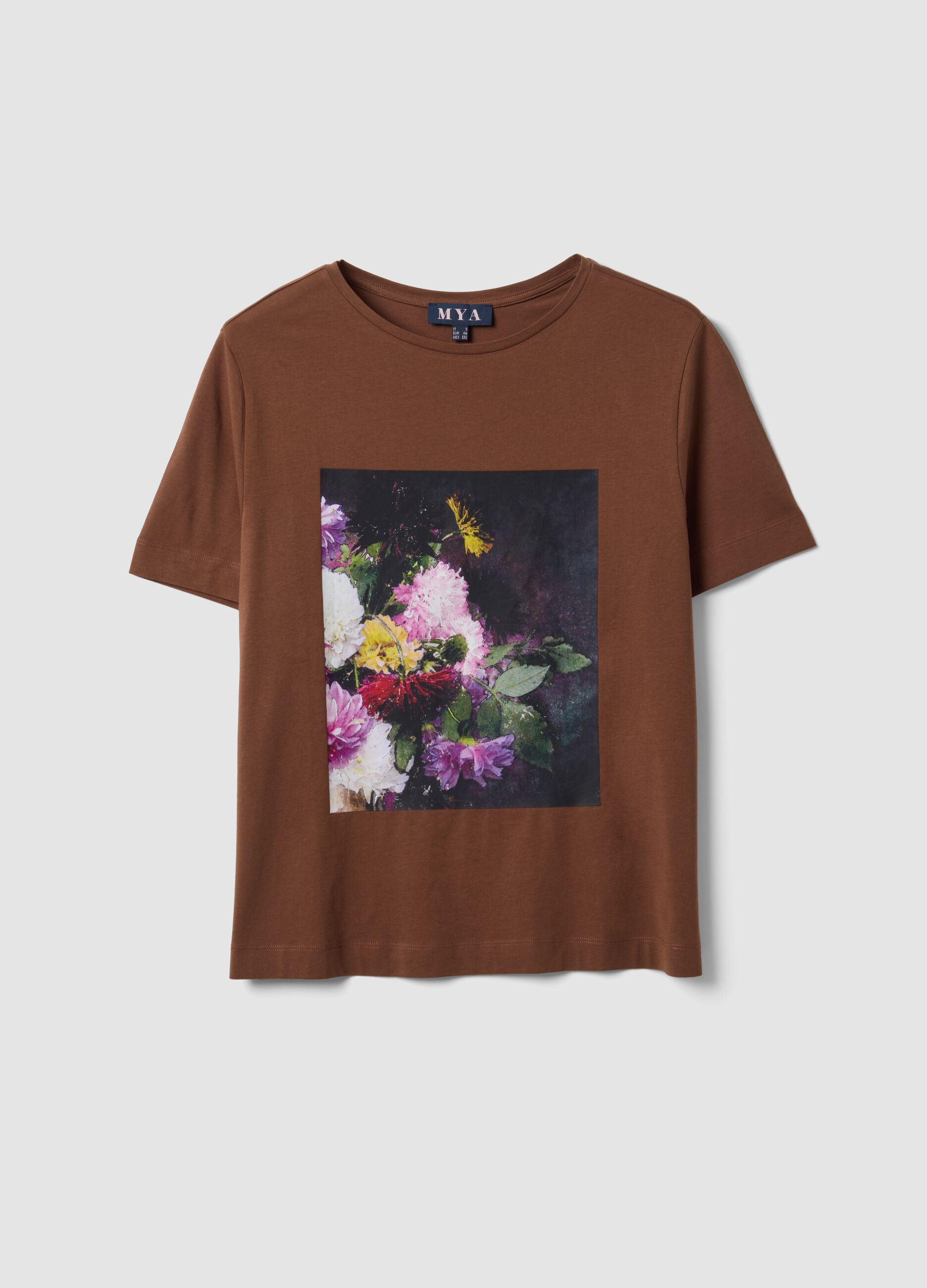 Braunes T-Shirt aus reiner Baumwolle mit Floral-Print, Regular Fit