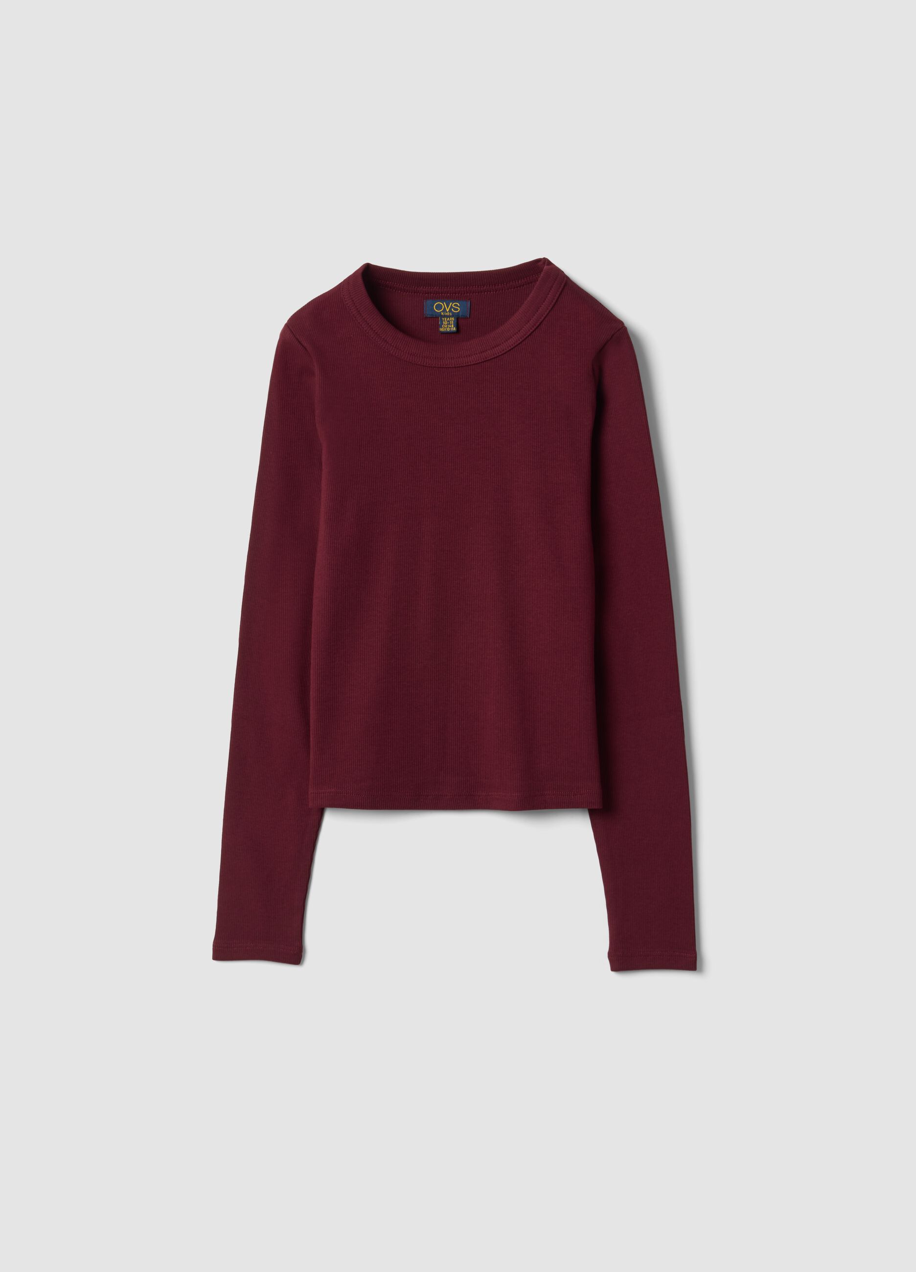 Red stretch organic cotton T-shirt with ribbed neckline