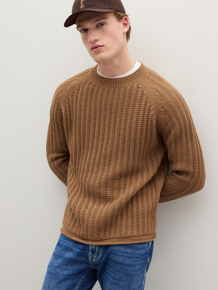 Brown crew-neck regular fit sweater with knitted pattern_0