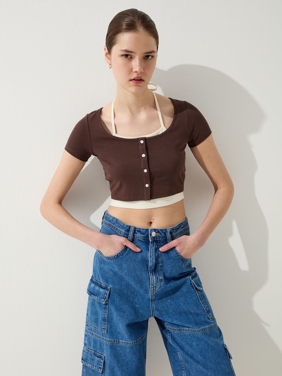 Crop T-shirt with buttons and internal vest_0