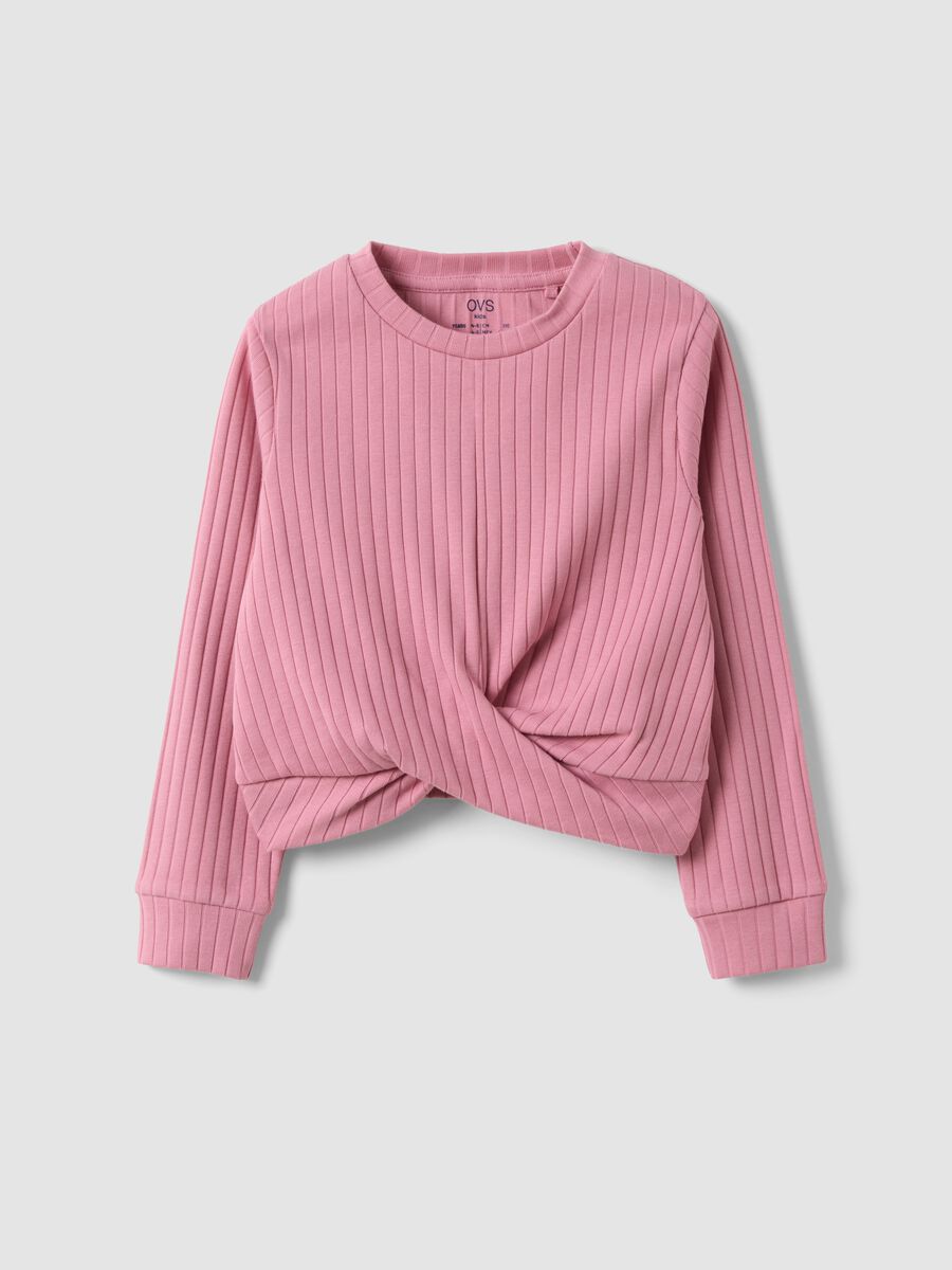 Girls&rsquo; pink cropped ribbed stretch cotton T-shirt_0