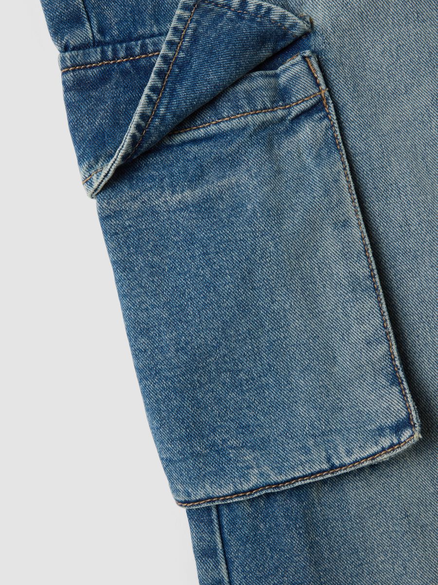 Blue pure cotton denim cargo jeans, relaxed fit for girls_1