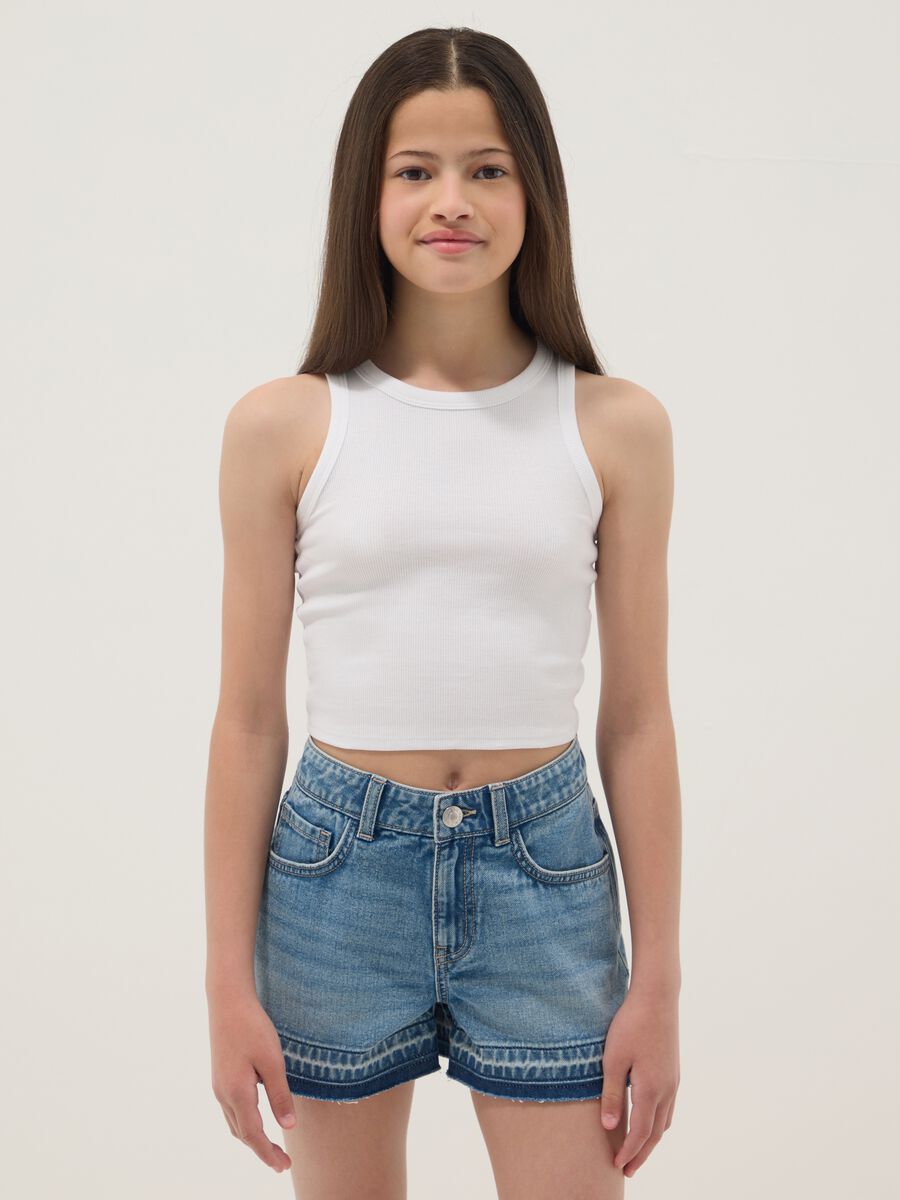 D&eacute;bardeur blanc fille c&ocirc;tel&eacute; en coton stretch, coupe ajust&eacute;e_0