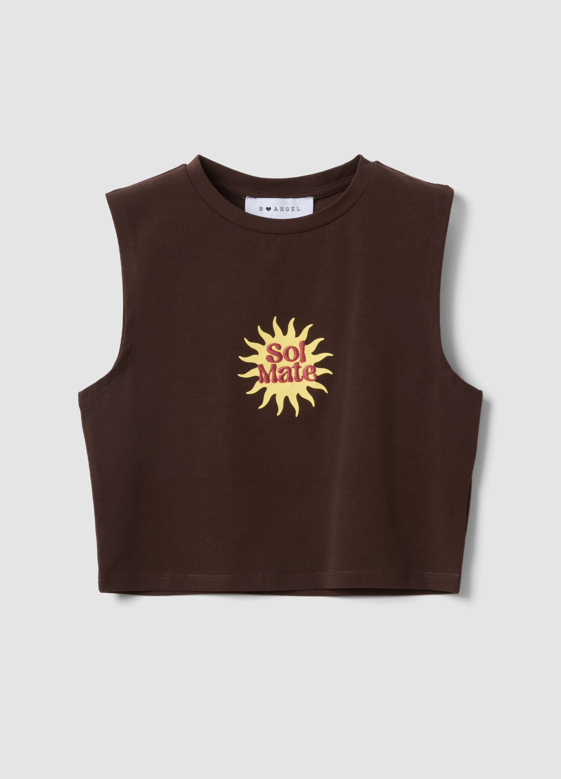 Braunes Regular-Fit-Tanktop aus elastischer Baumwolle mit Print