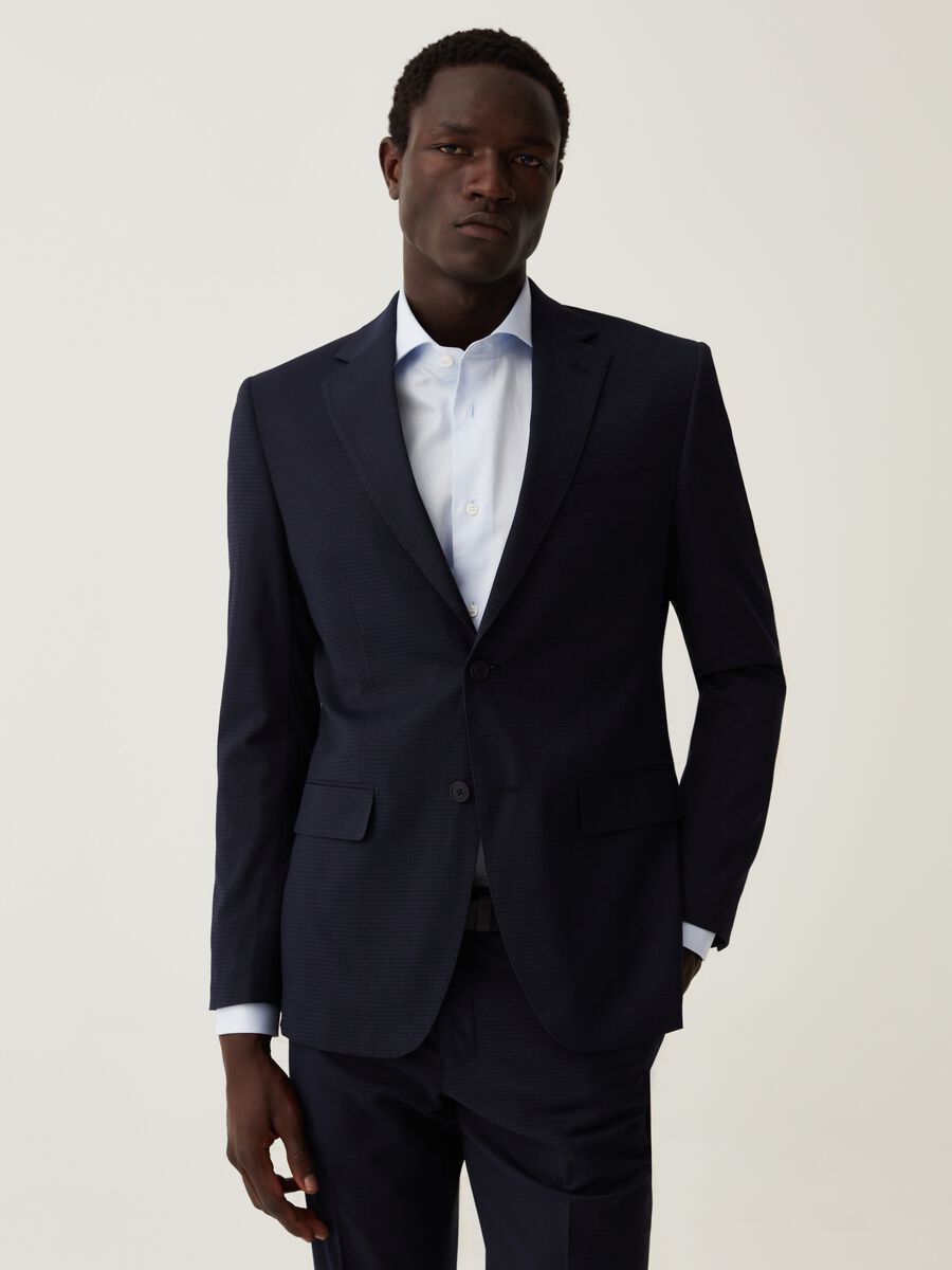 Navy blue slim-fit blazer with check micro weave_0