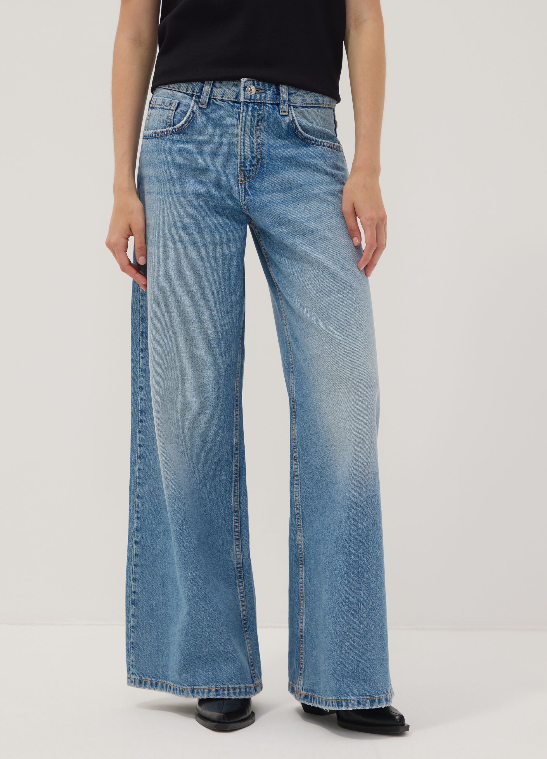 Light Blue Low-Rise Pure Cotton Wide-Leg Jeans
