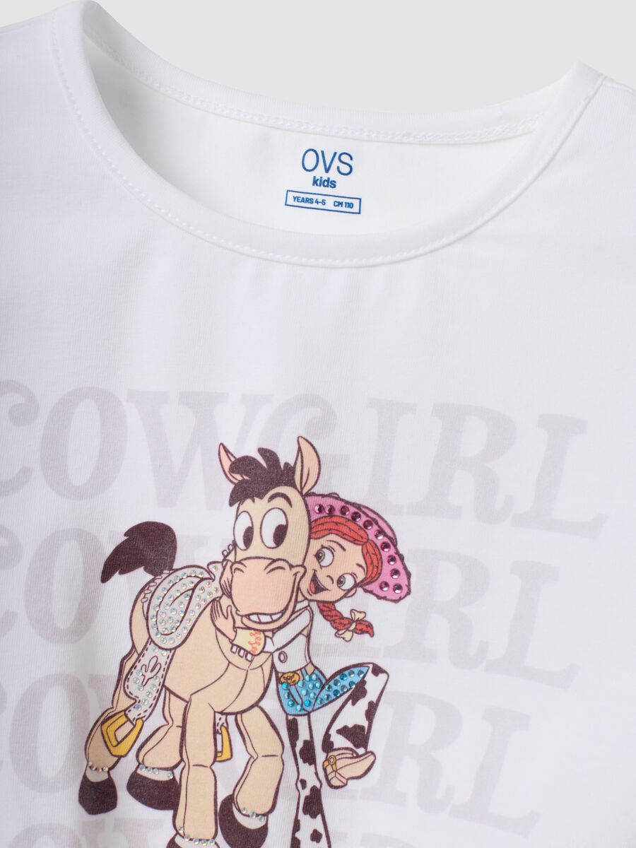 White stretch cotton T-shirt with knot and Toy Story print for girls_3