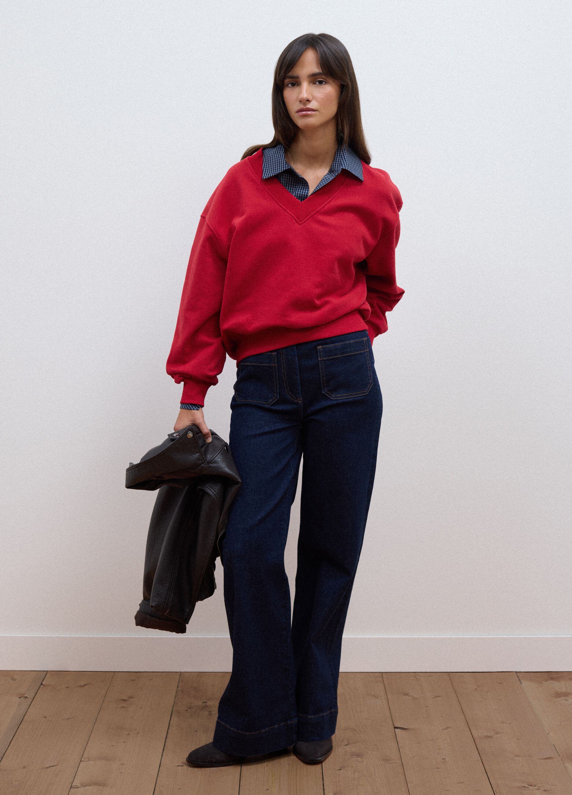 Red cotton-blend V-neck sweatshirt with oversized fit