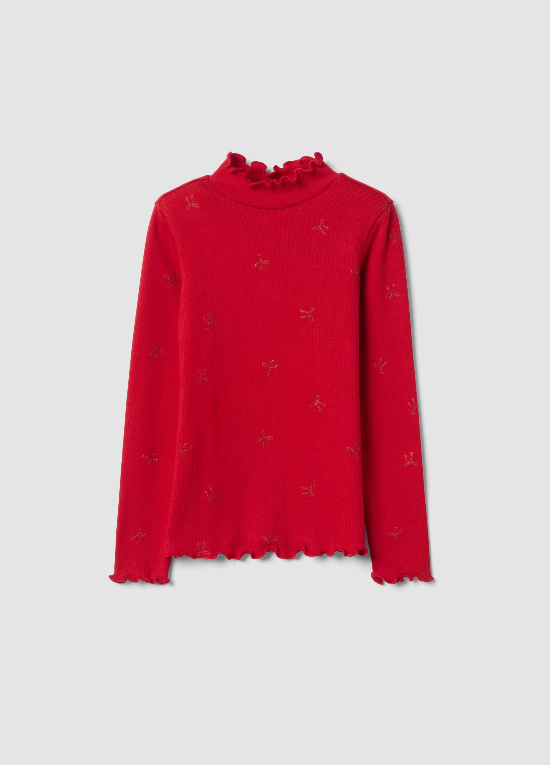 Red stretch cotton top with glitter bows