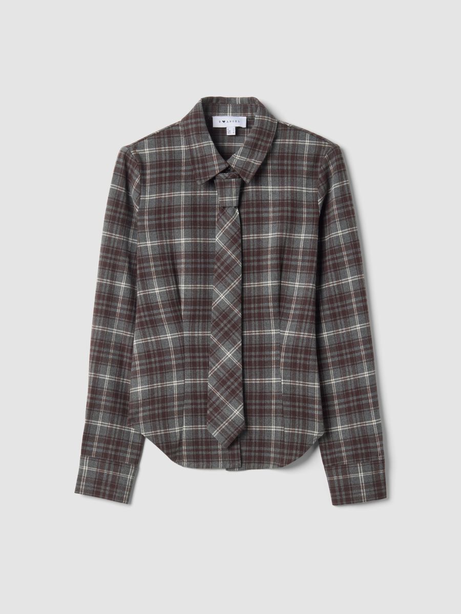Camicia flanella grigia in viscosa elasticizzata con cravatta slim fit_0