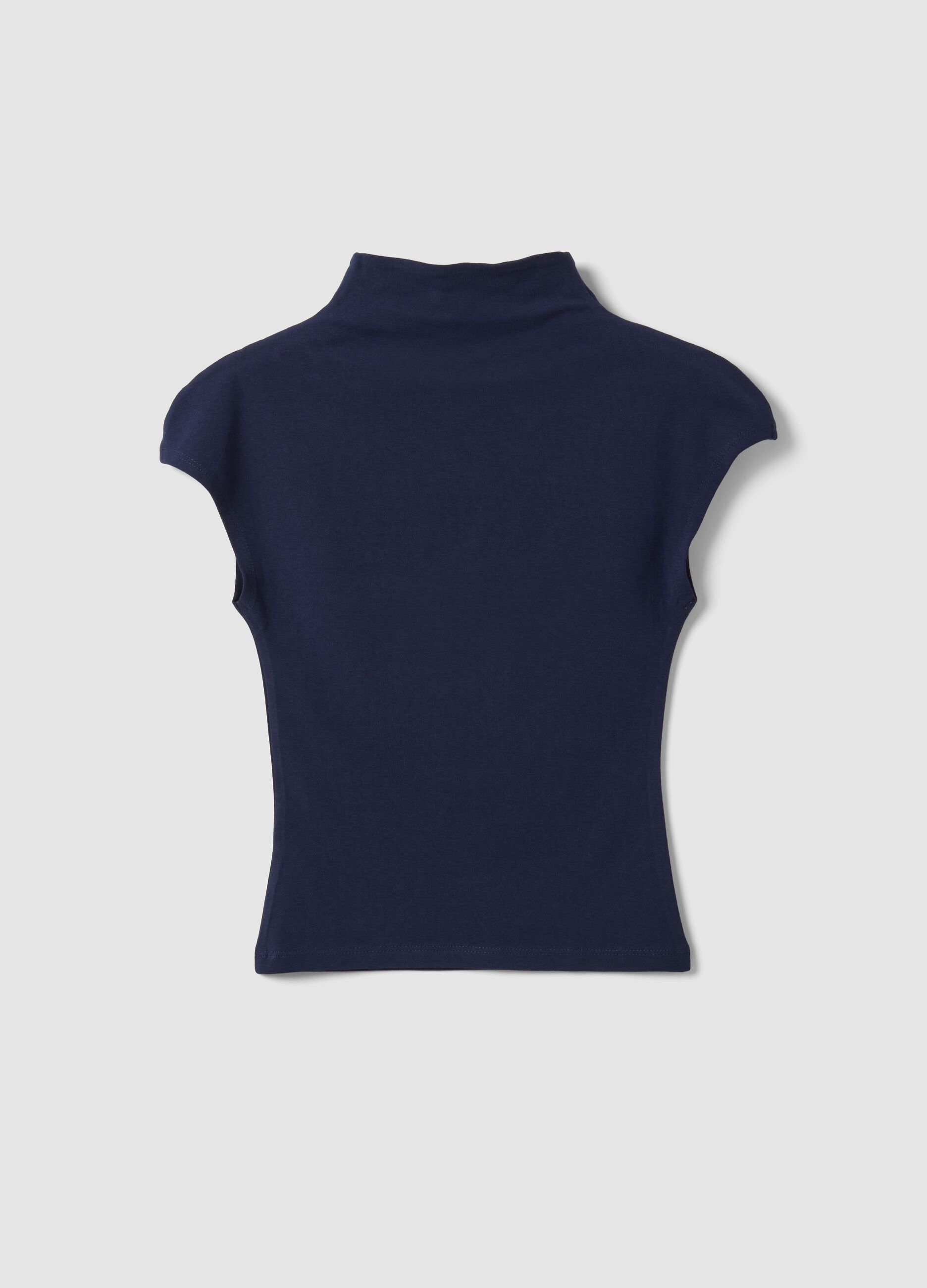 Blue fitted high-neck T-shirt in modal and stretch cotton