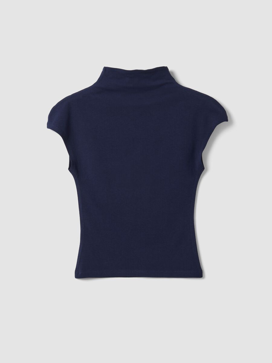 Blue fitted modal and stretch cotton T-shirt with raised neckline_6