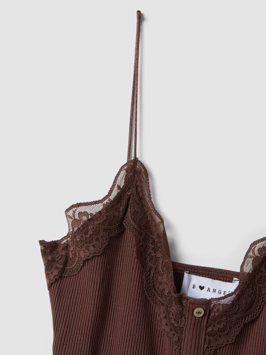 Braunes, figurbetontes Top aus Stretch-Baumwolle mit Spitzenbesatz_5
