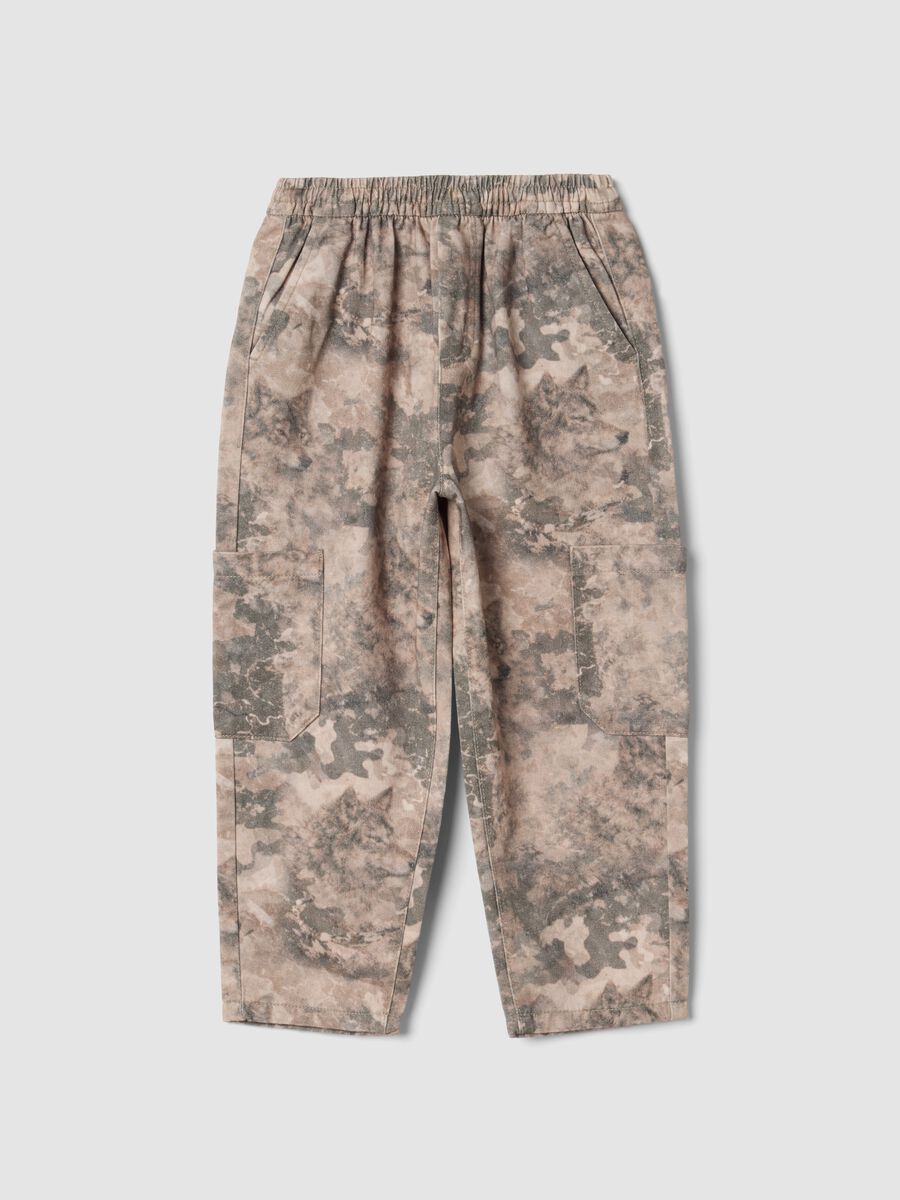 Beige and taupe camo baggy cargo trousers in pure cotton_0