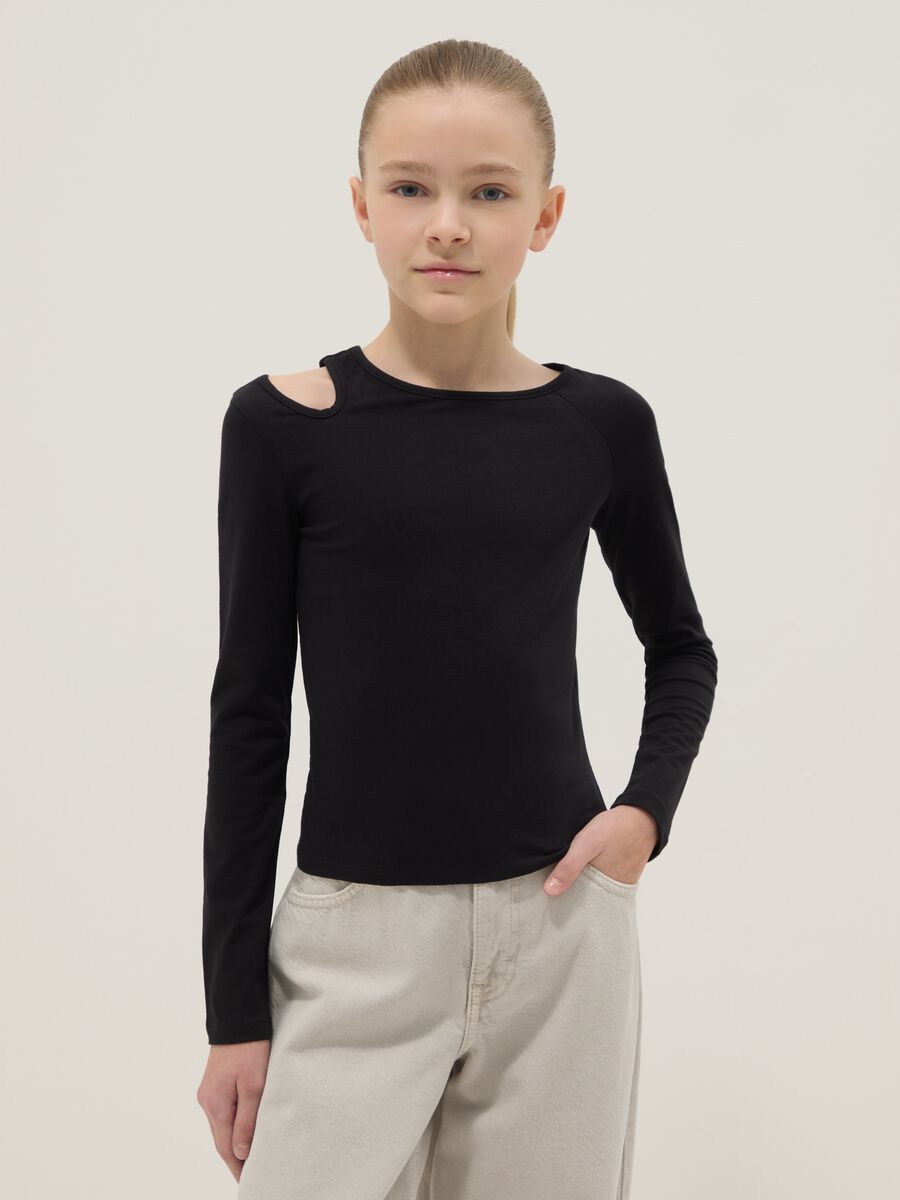 Black cotton blend slim fit girl's top with boat neckline_0