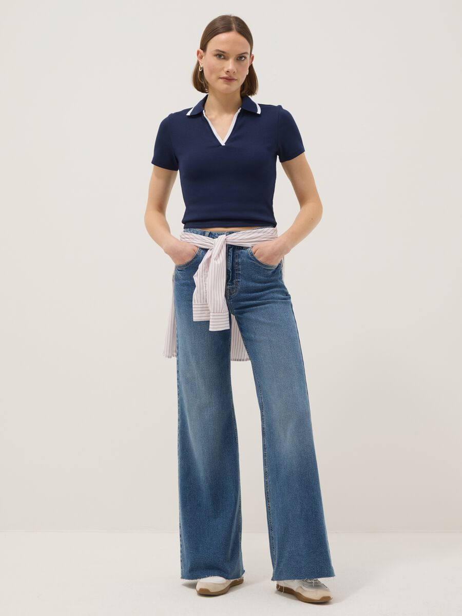 Blue stretch cotton polo with contrast collar, regular fit_1