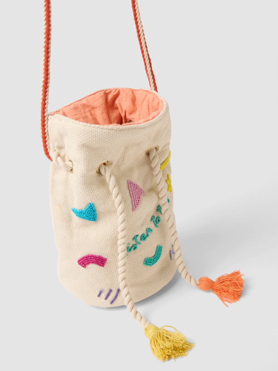 White pure cotton bucket bag with colourful crochet details_2