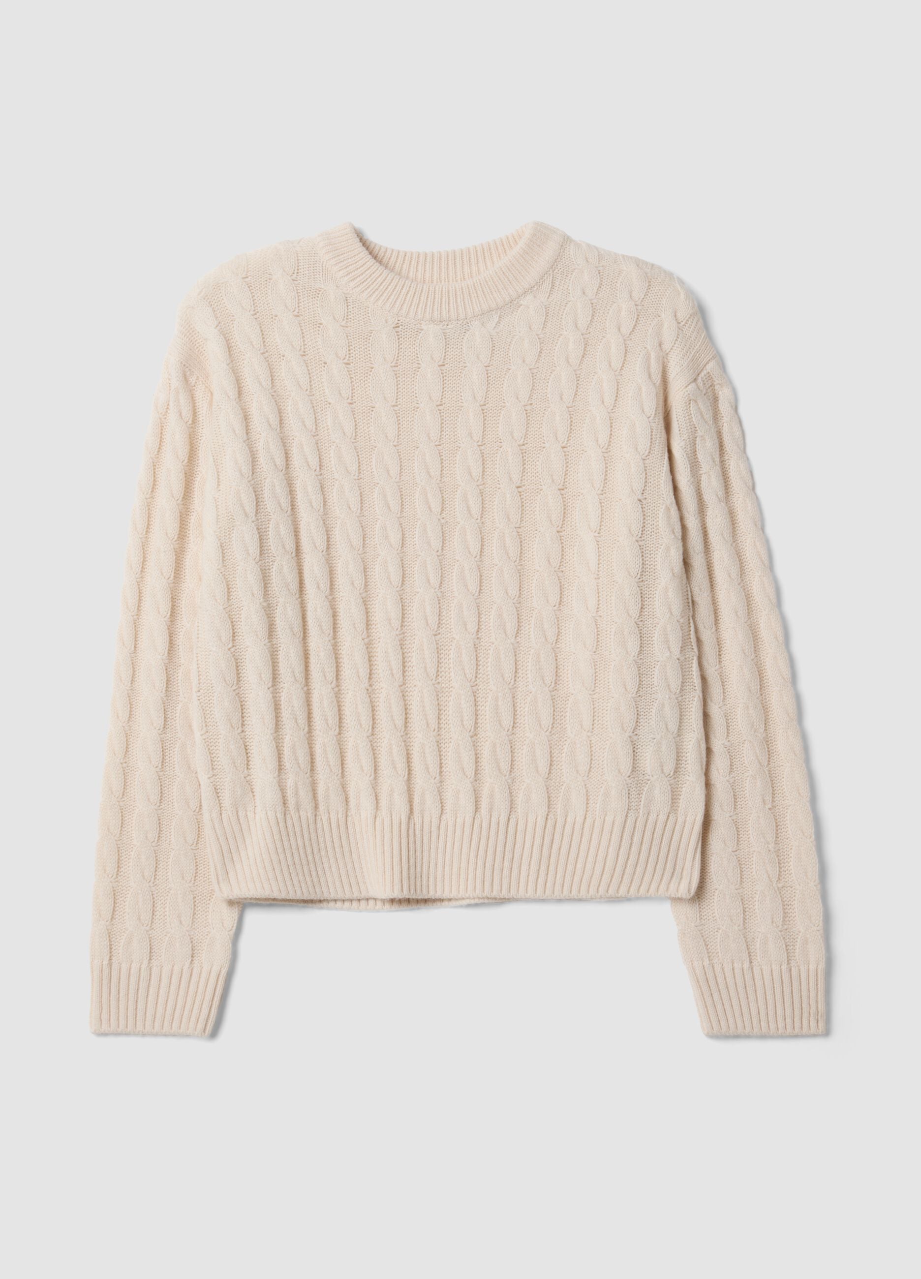 Maglia beige in misto lana a trecce con girocollo over fit