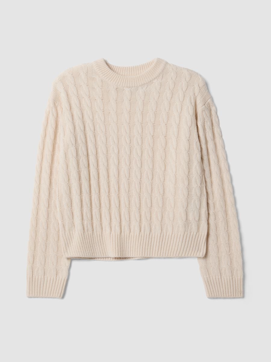 Maglia beige in misto lana a trecce con girocollo over fit_0