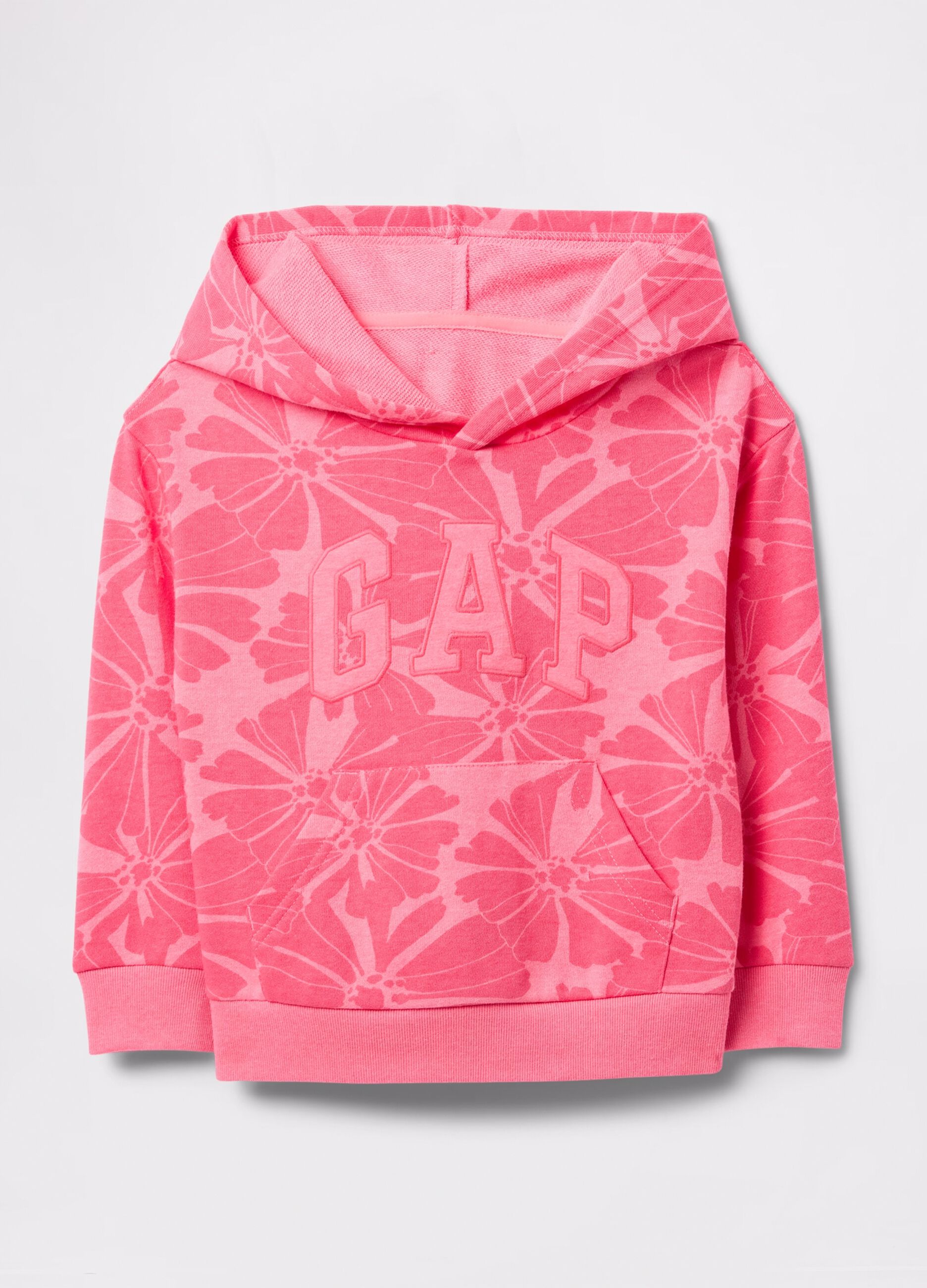 Pink sweatshirt in French terry with hood, flowers print and logo embroidery