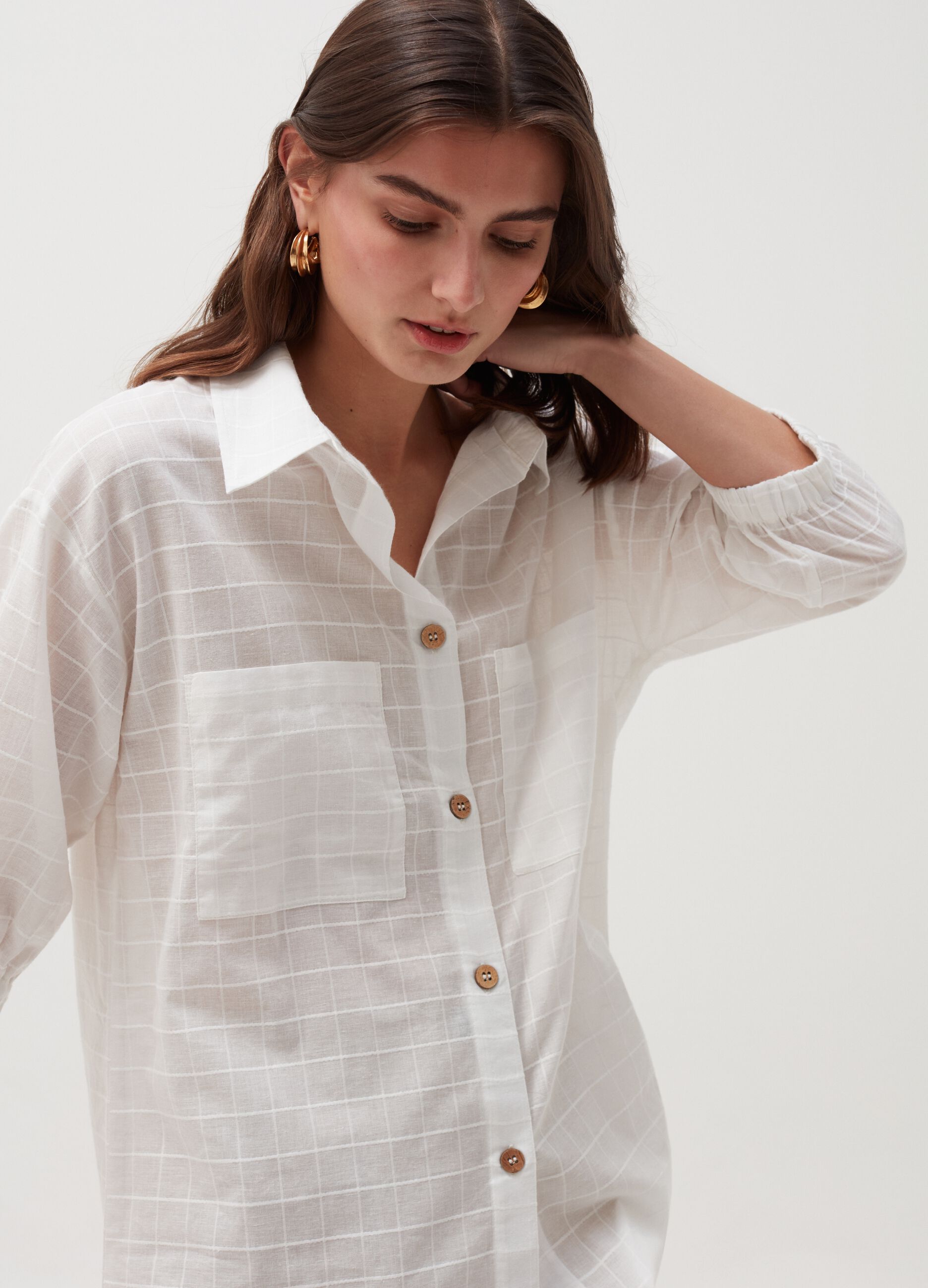 Beach cover-up shirt in cotton with check weave
