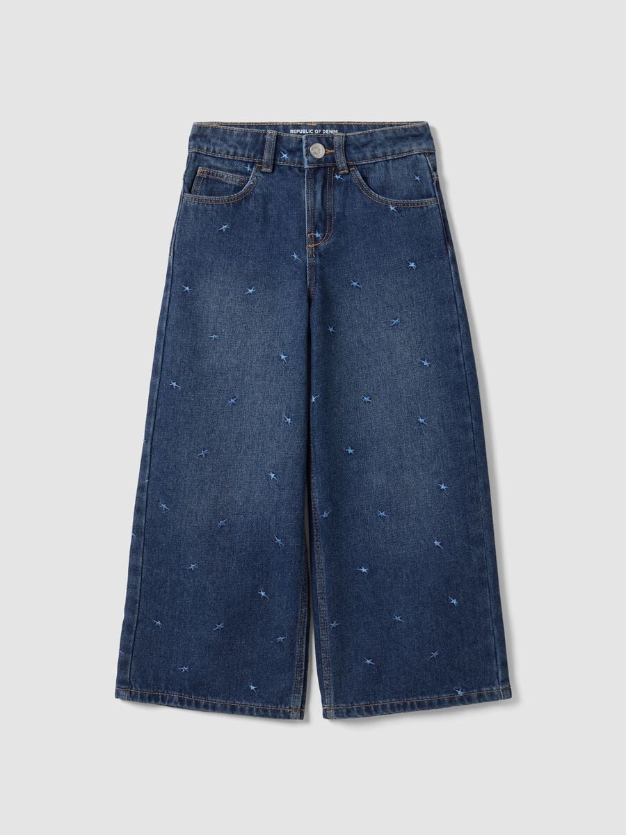 Blue cotton-blend jeans with viscose and lyocell, embroidered, for girls_0
