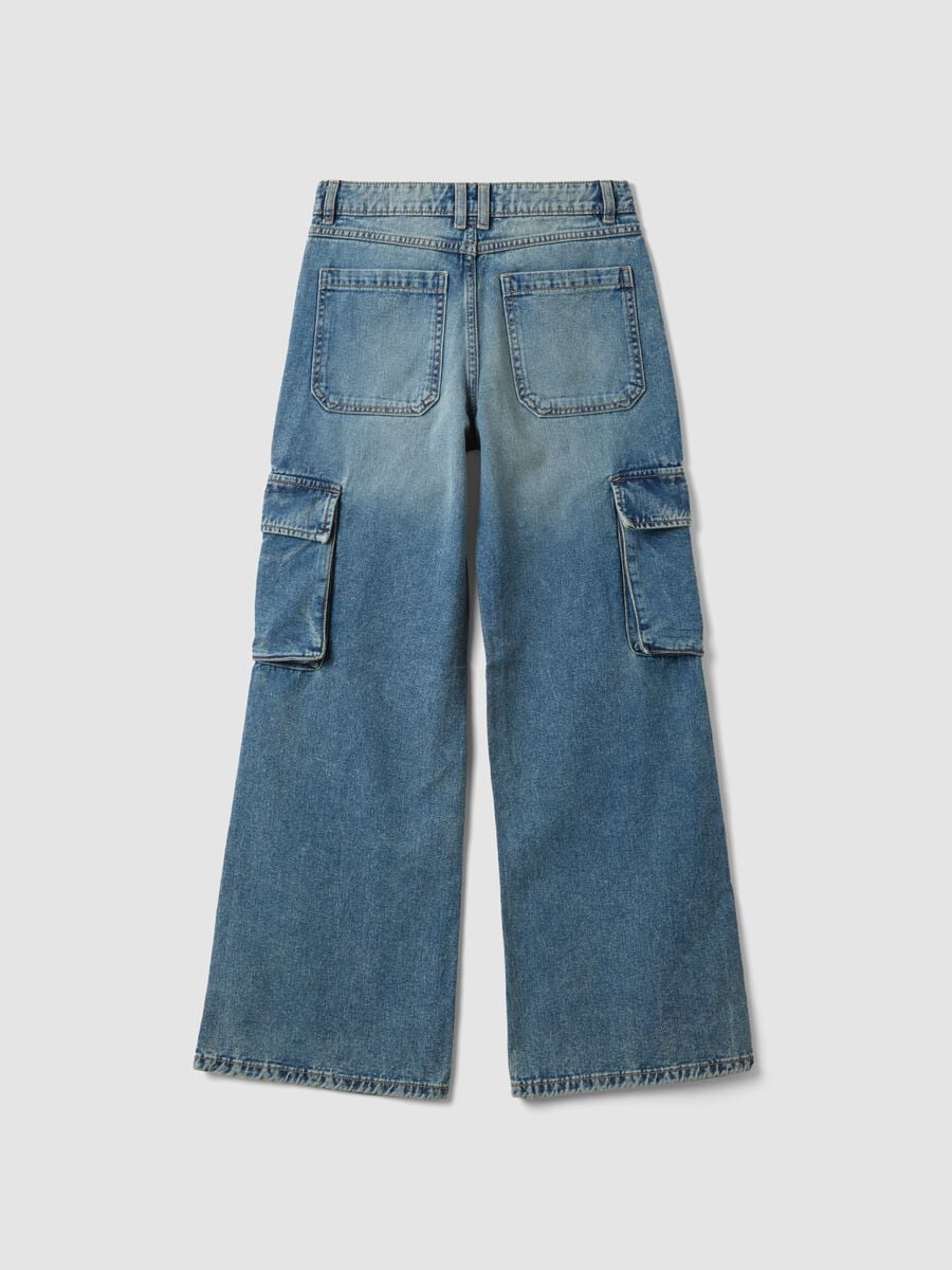 Blue pure cotton denim cargo jeans, relaxed fit for girls_2