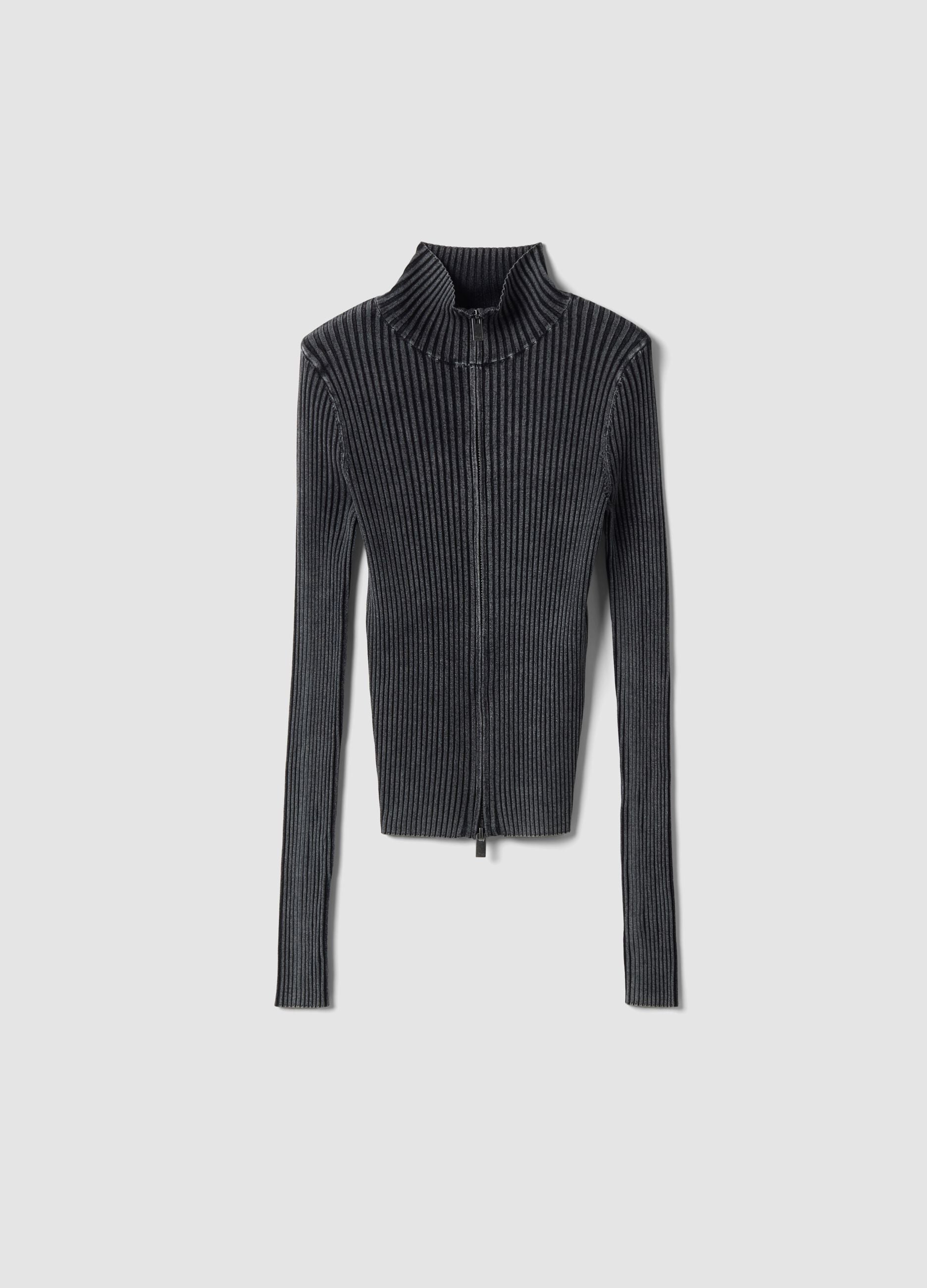 Full-Zip Ribbed Knit in Vintage Grey