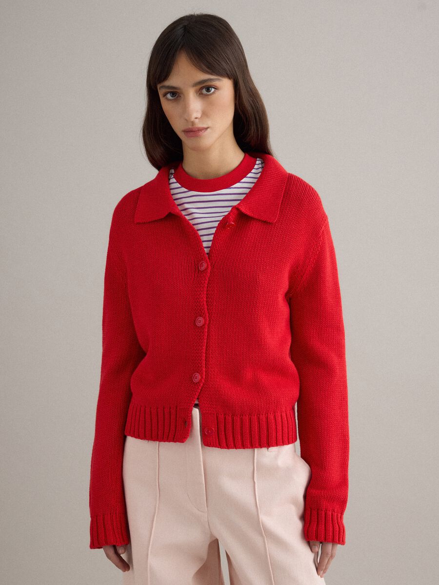 Regular Fit Red Cotton Cardigan with Polo Collar_1