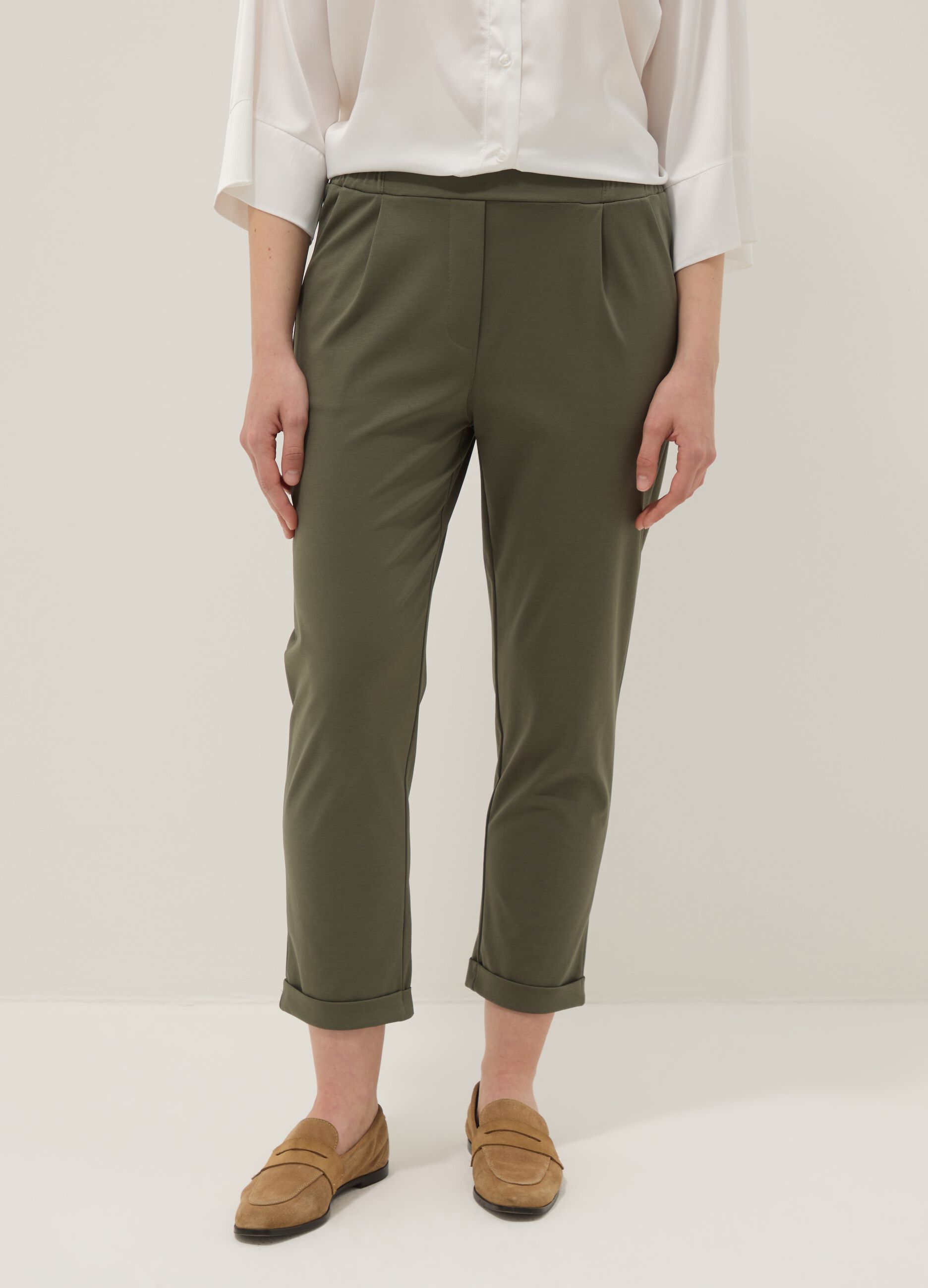 Green Regular Fit Stretch Cotton Blend Trousers
