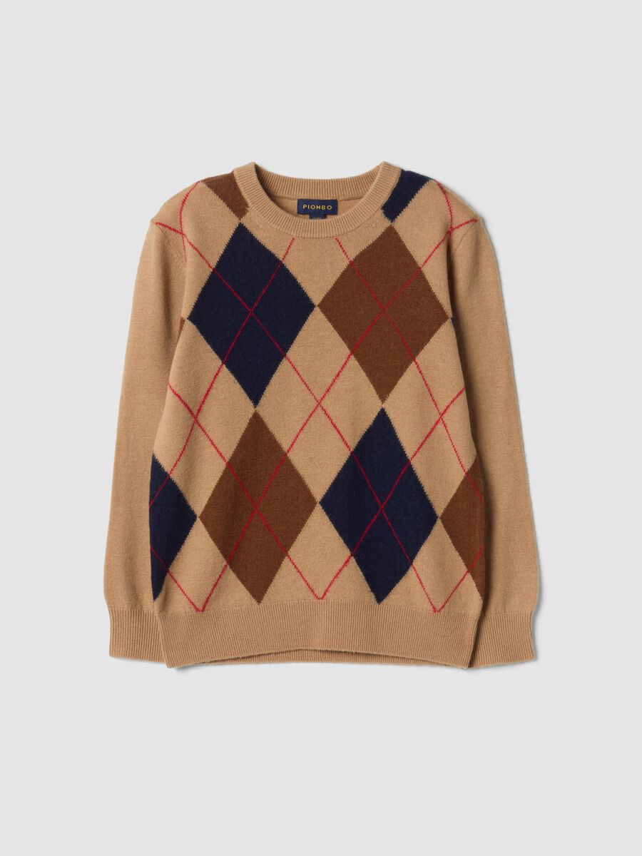 Maglione beige in pura lana con girocollo jacquard_0