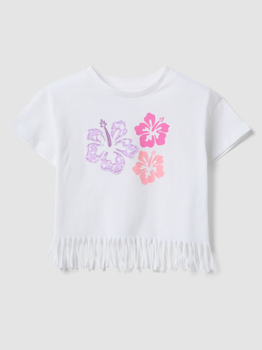 White pure cotton T-shirt with floral print and fringed hem_0