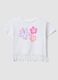 White pure cotton T-shirt with floral print and fringed hem_0