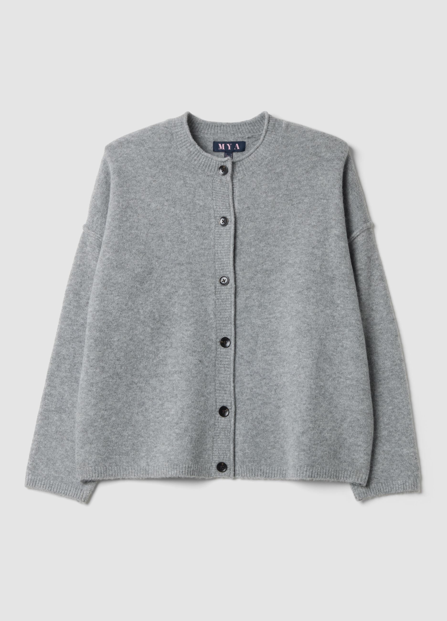 Grey Stretch Wool Crew-Neck Cardigan