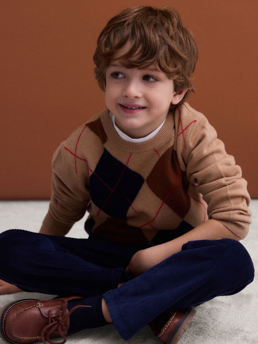 Beige pure wool jumper with jacquard crew neck_0