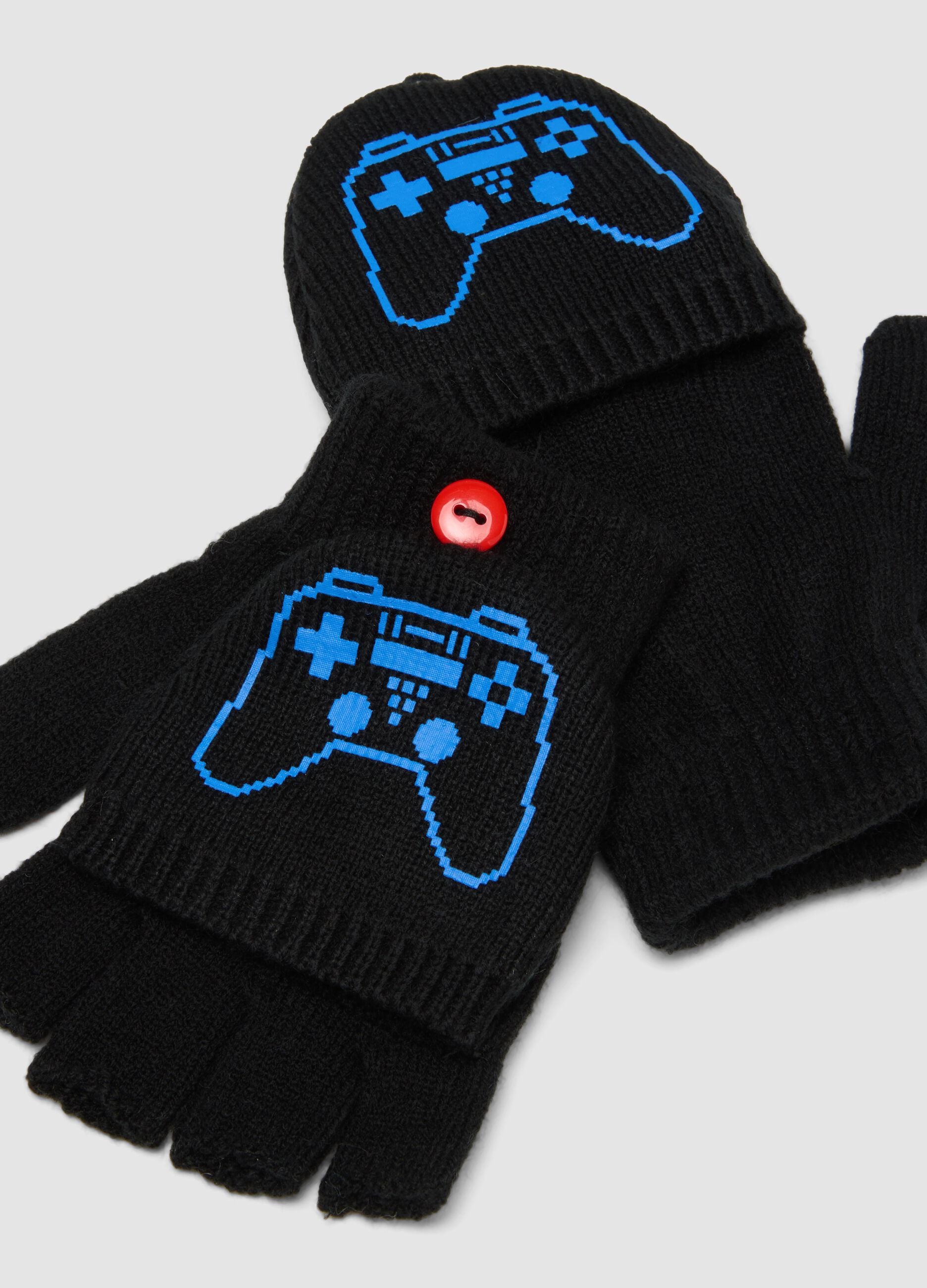 Schwarze, wandelbare Handschuhe mit Videogame-Print