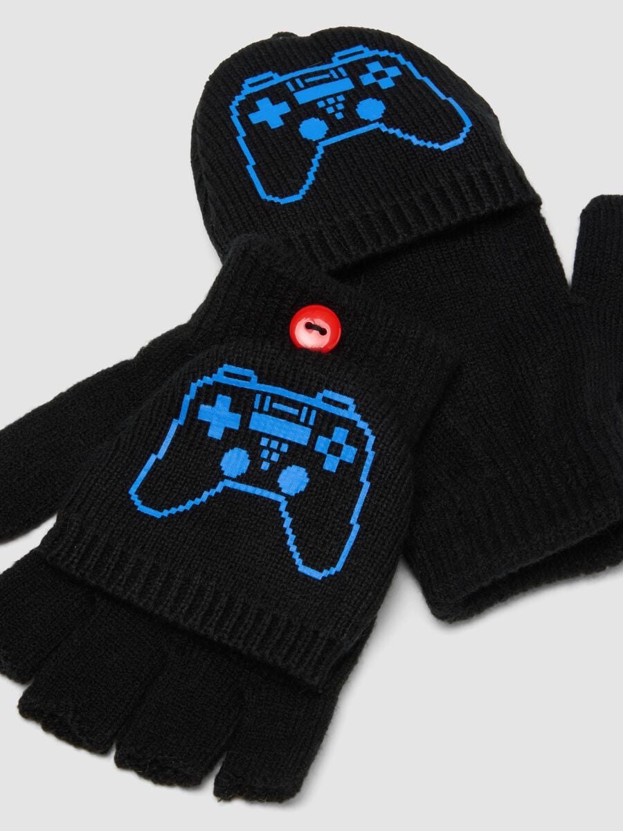 Schwarze, wandelbare Handschuhe mit Videogame-Print_1