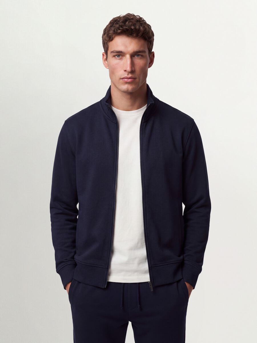 Blue cotton-blend sweatshirt with crew neck and zip, regular fit_0