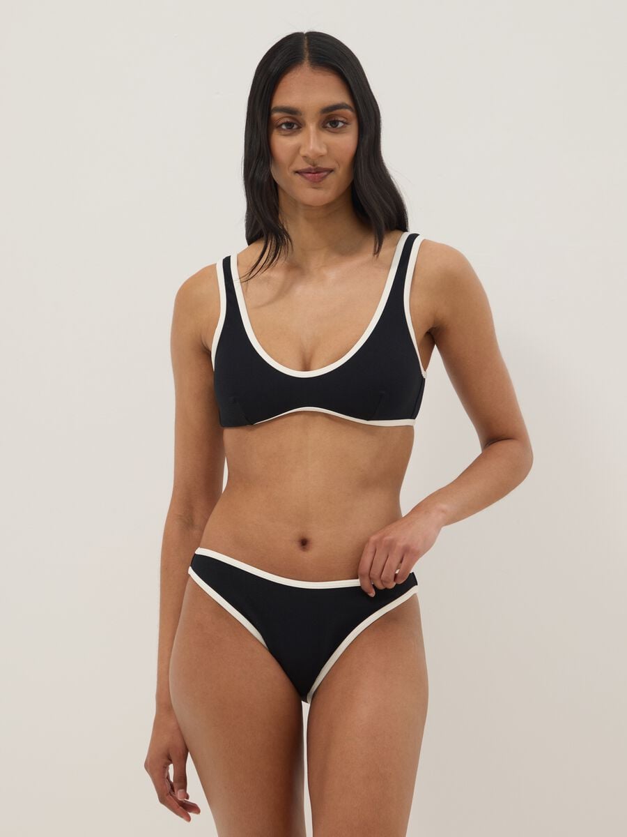 Black stretch fabric bikini top with white trim_1