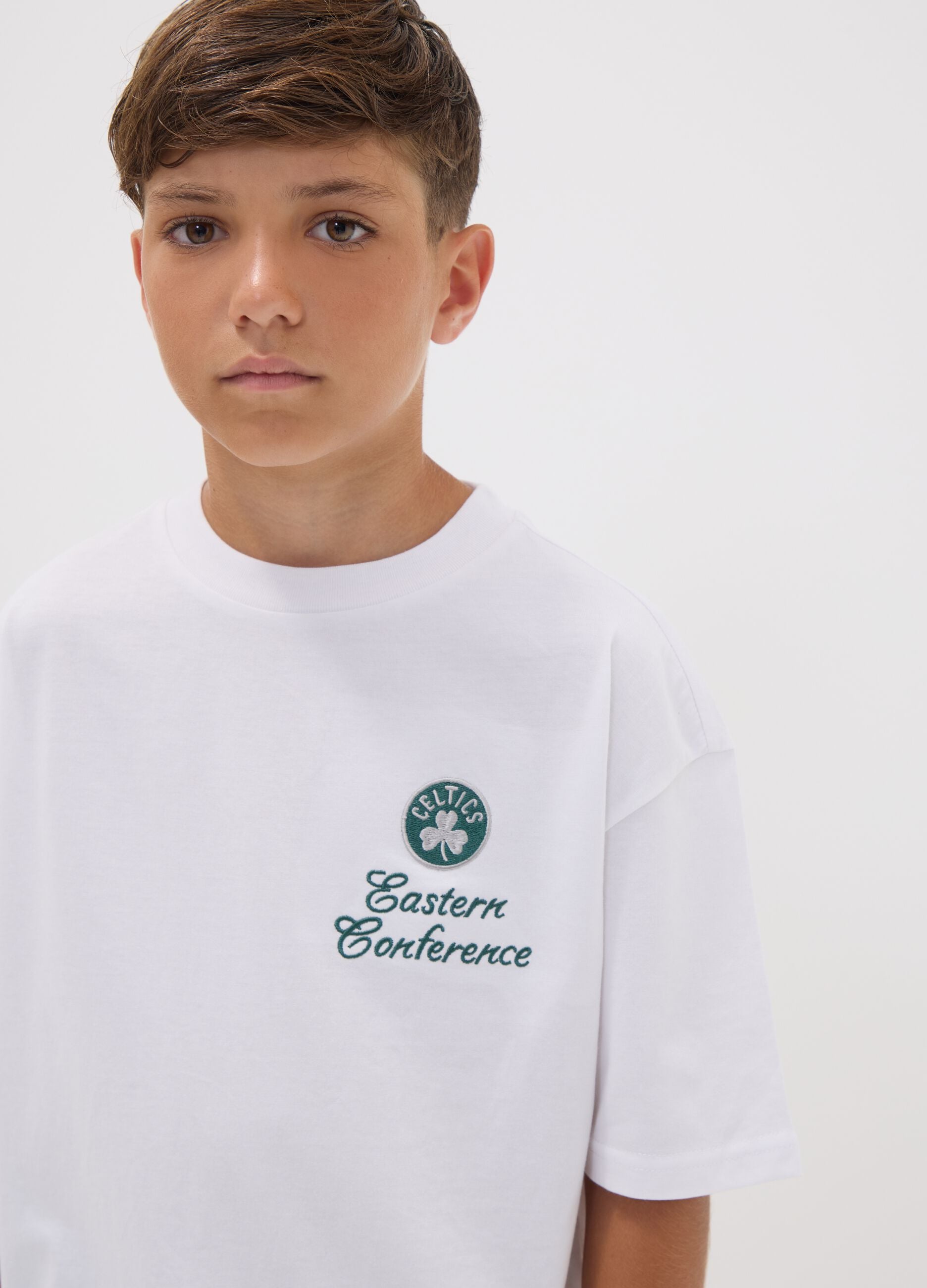 White pure cotton Celtics print T-shirt for boys