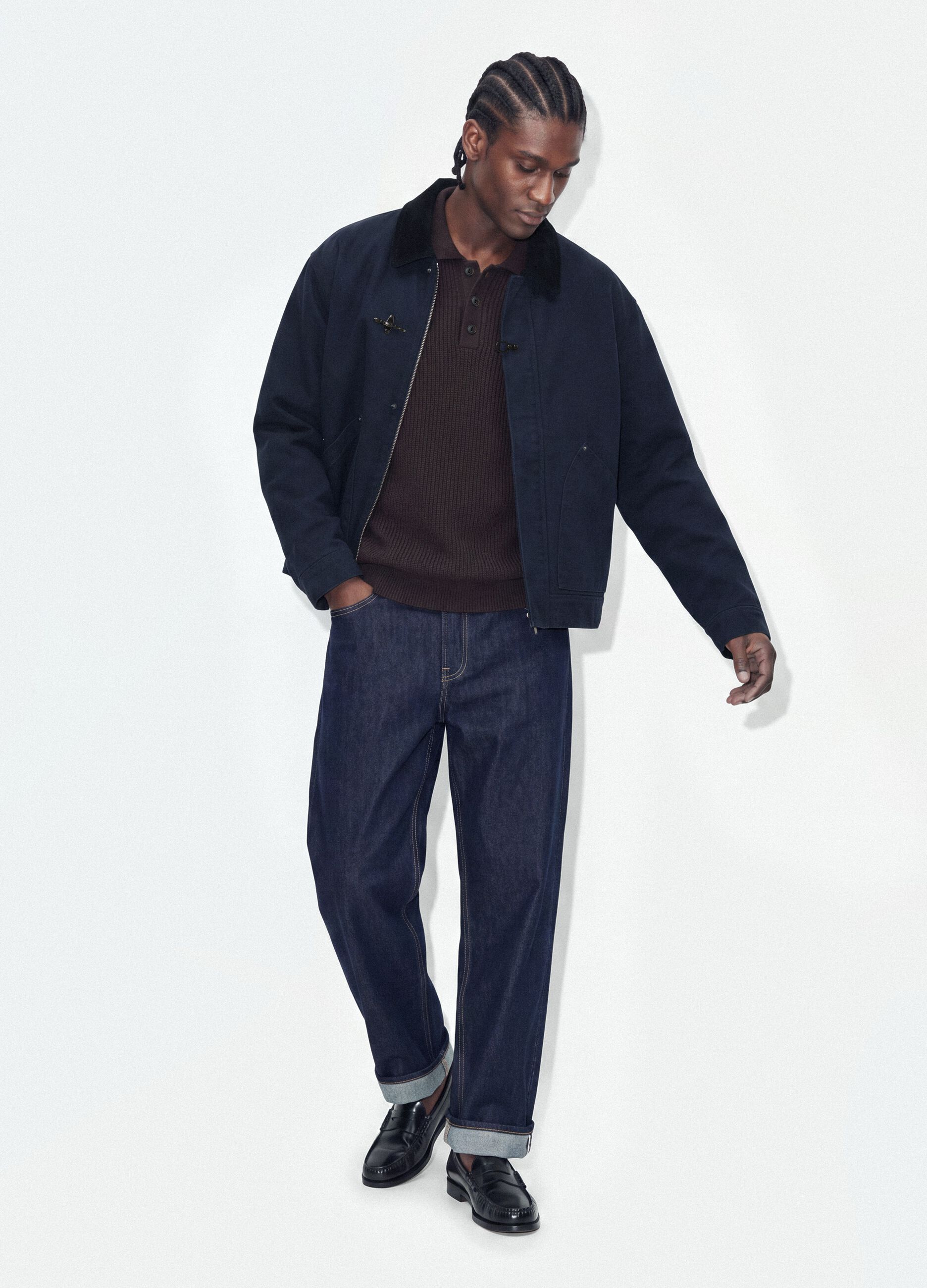 Blue cropped pure cotton padded jacket, oversized fit