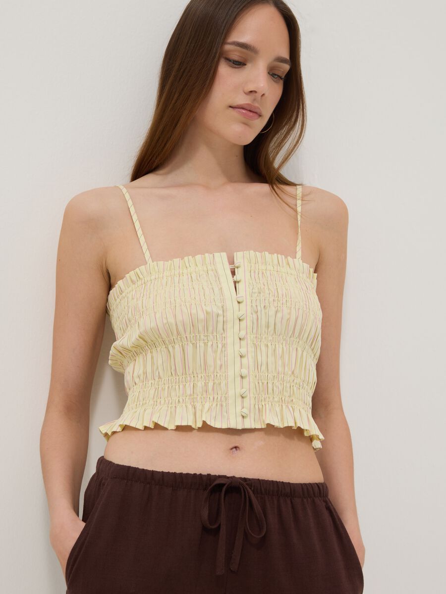 Gelbes Tanktop aus reiner Baumwolle mit Raffung_0