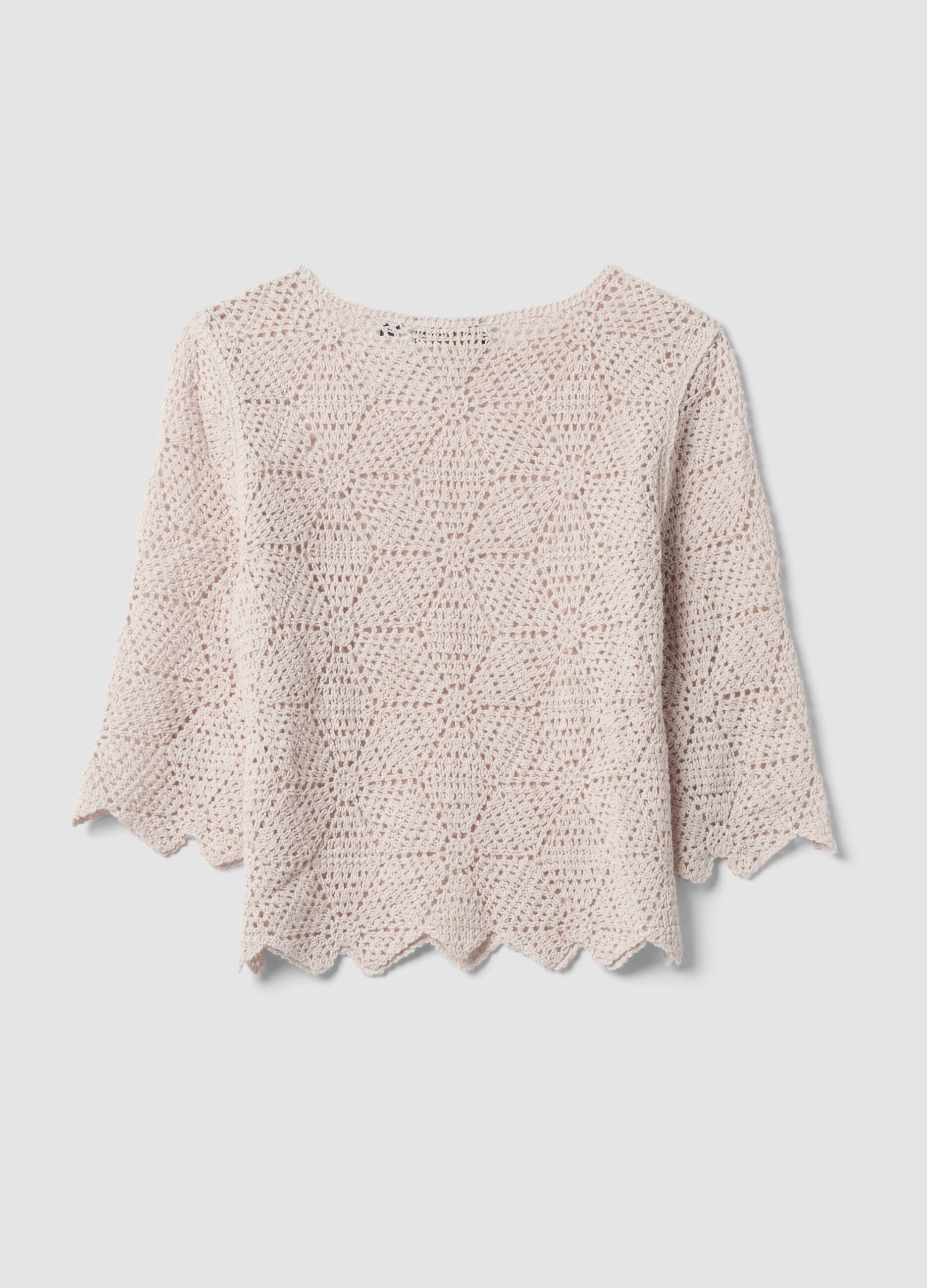 Beige pure cotton crochet T-shirt, regular fit