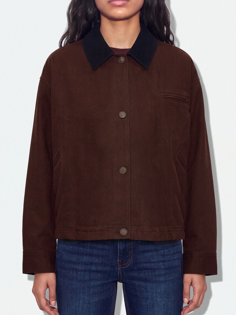 Brown pure cotton bomber jacket with contrasting collar, regular fit_2