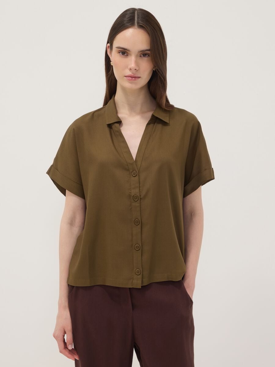 Green short-sleeve pure viscose shirt with oversized fit_3