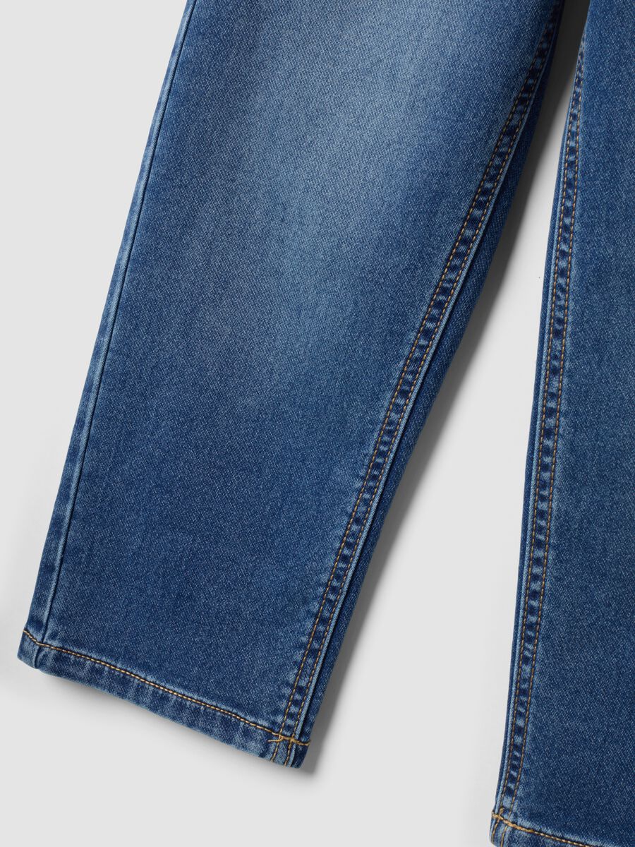 Blue denim joggers in stretch cotton with elasticated waistband for boys_3